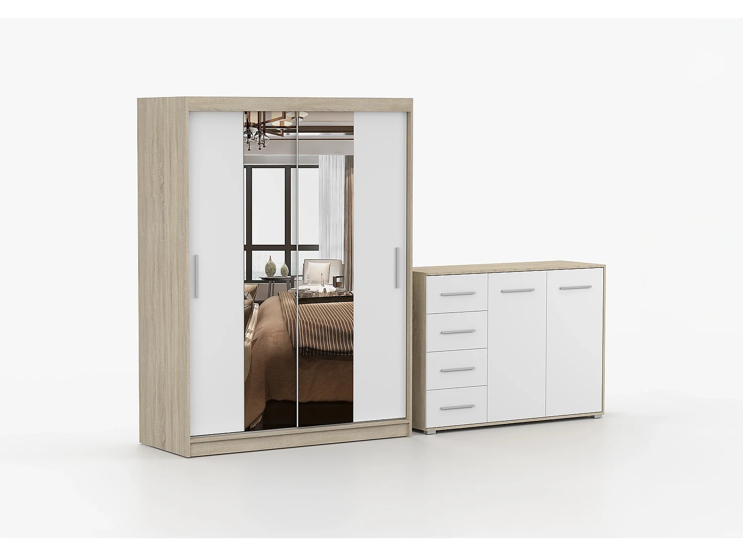 Ensemble armoire Aenora et commode Ilario - Chêne - Blanc