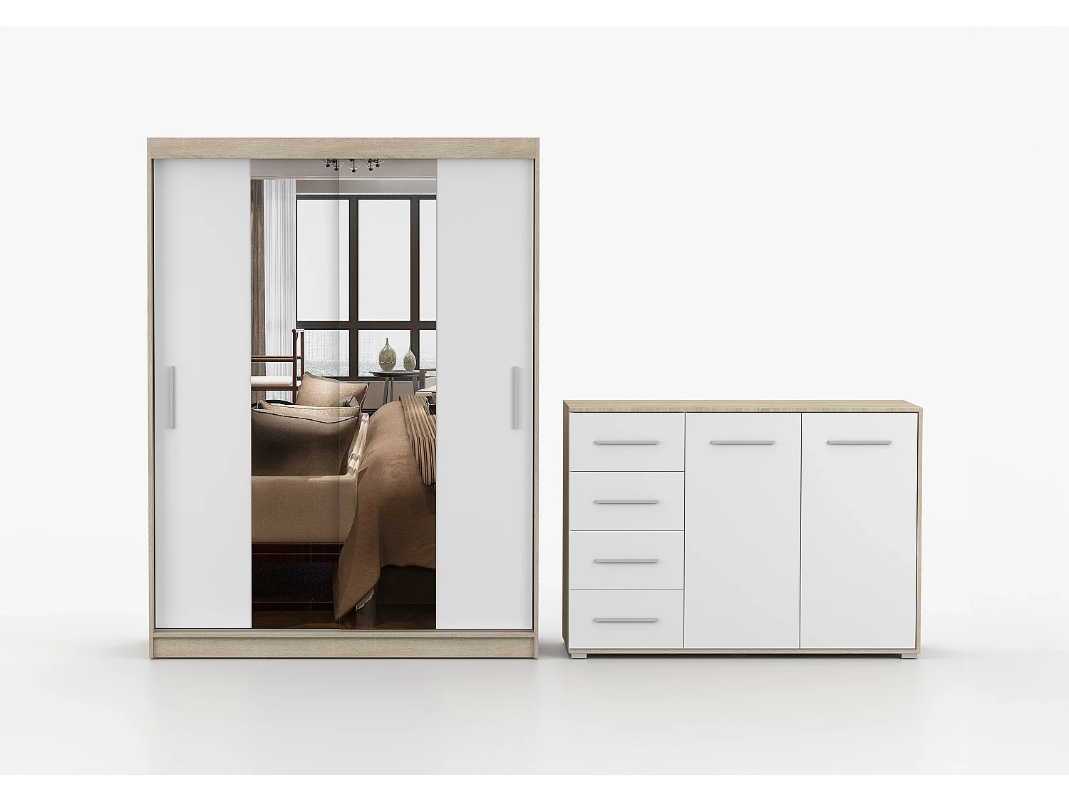 Ensemble armoire Aenora et commode Ilario - Chêne - Blanc