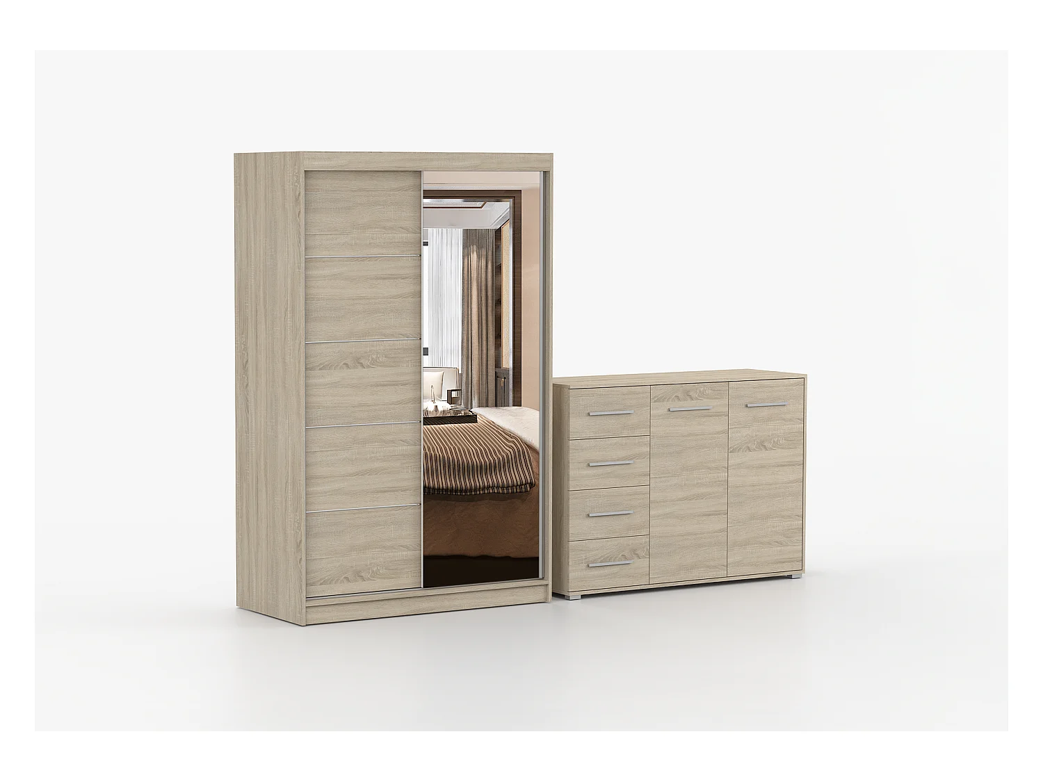 Ensemble armoire Syra et commode Ilario avec miroir - Chêne