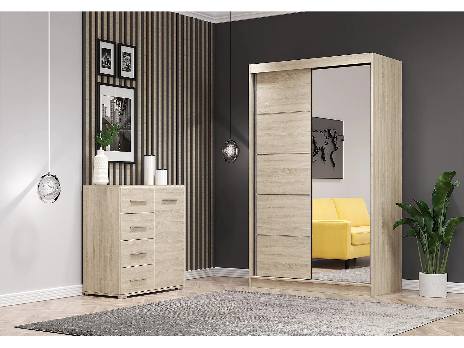 Ensemble armoire Syra et commode Ilario avec miroir - Chêne