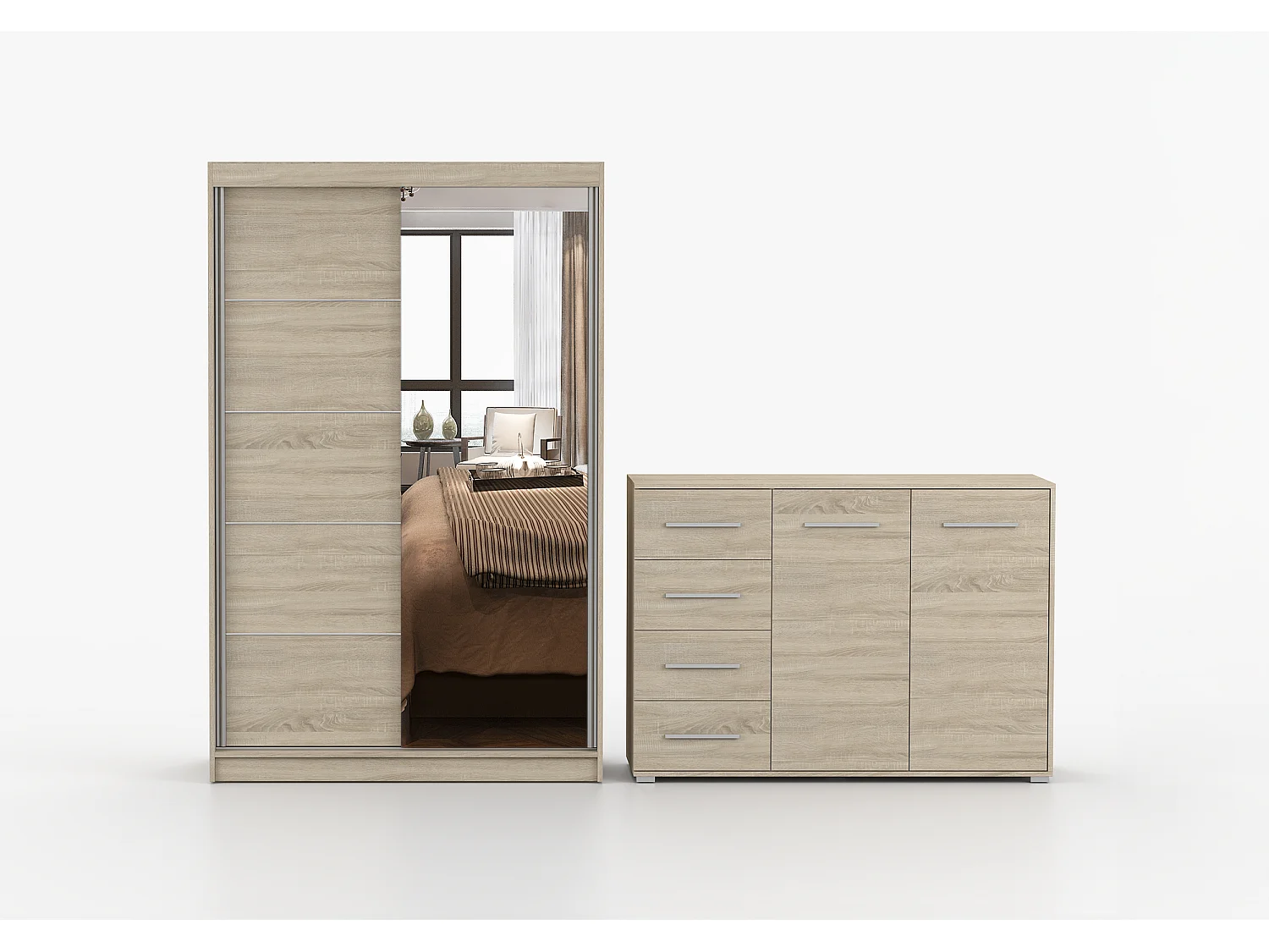 Ensemble armoire Syra et commode Ilario avec miroir - Chêne