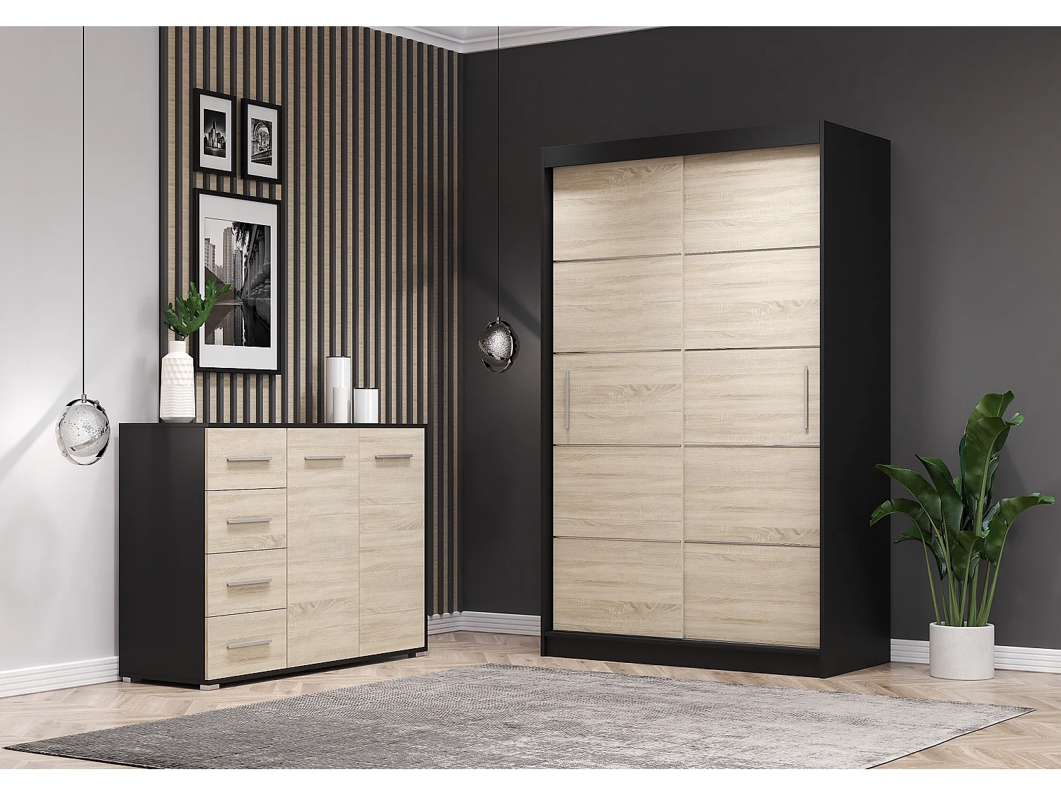 Ensemble armoire Lilwenn et commode Ilario - Noir - Chêne