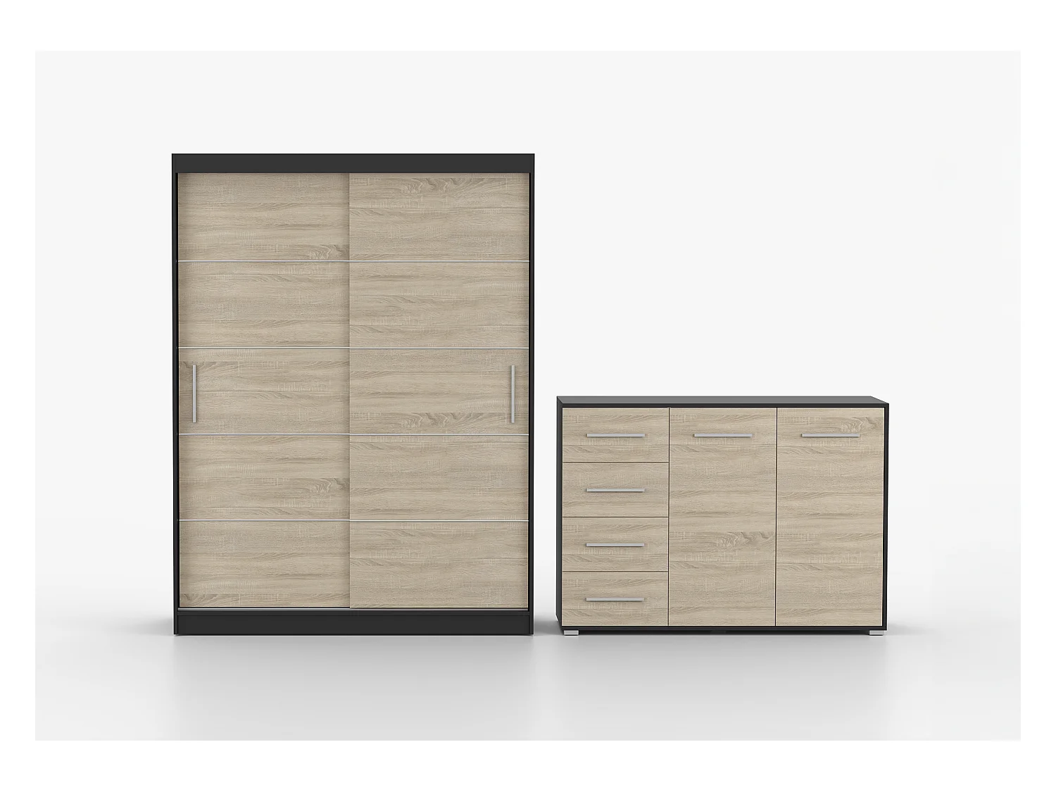 Ensemble armoire Lilwenn et commode Ilario - Noir - Chêne