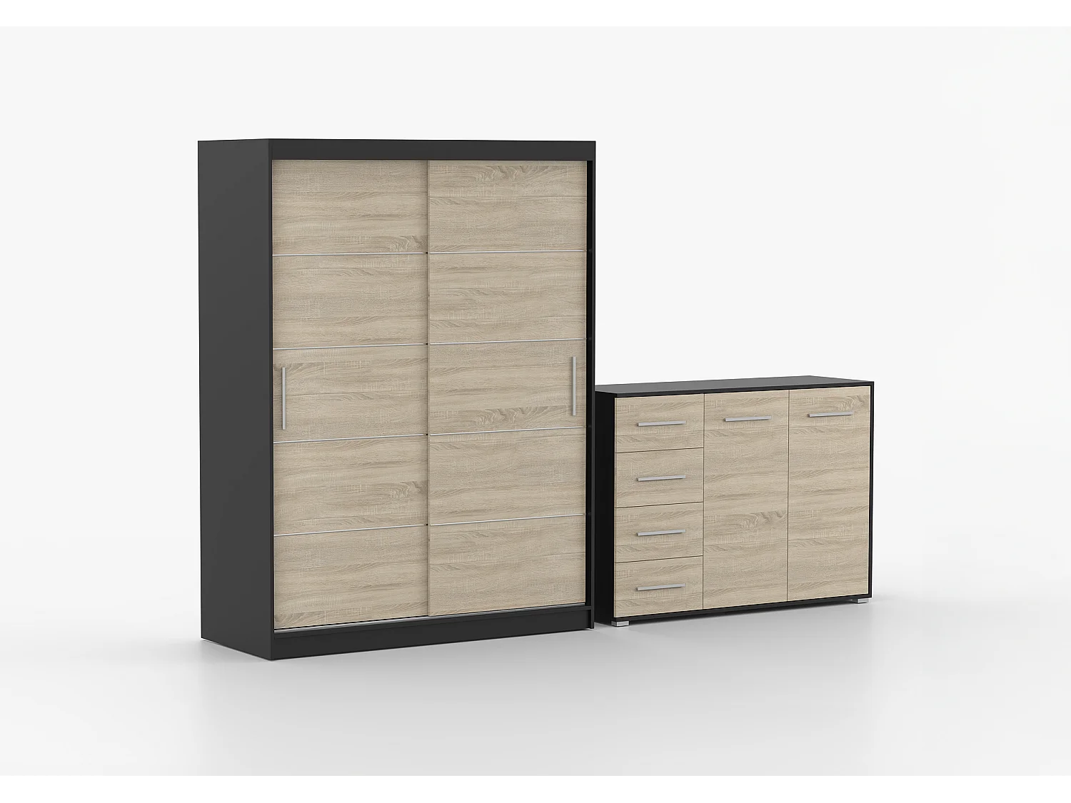 Ensemble armoire Lilwenn et commode Ilario - Noir - Chêne