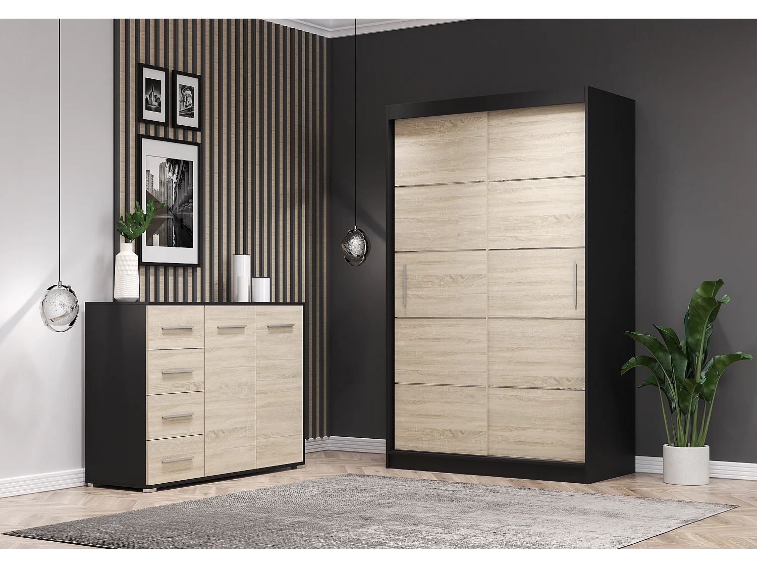 Ensemble armoire Lilwenn et commode Ilario - Noir - Chêne