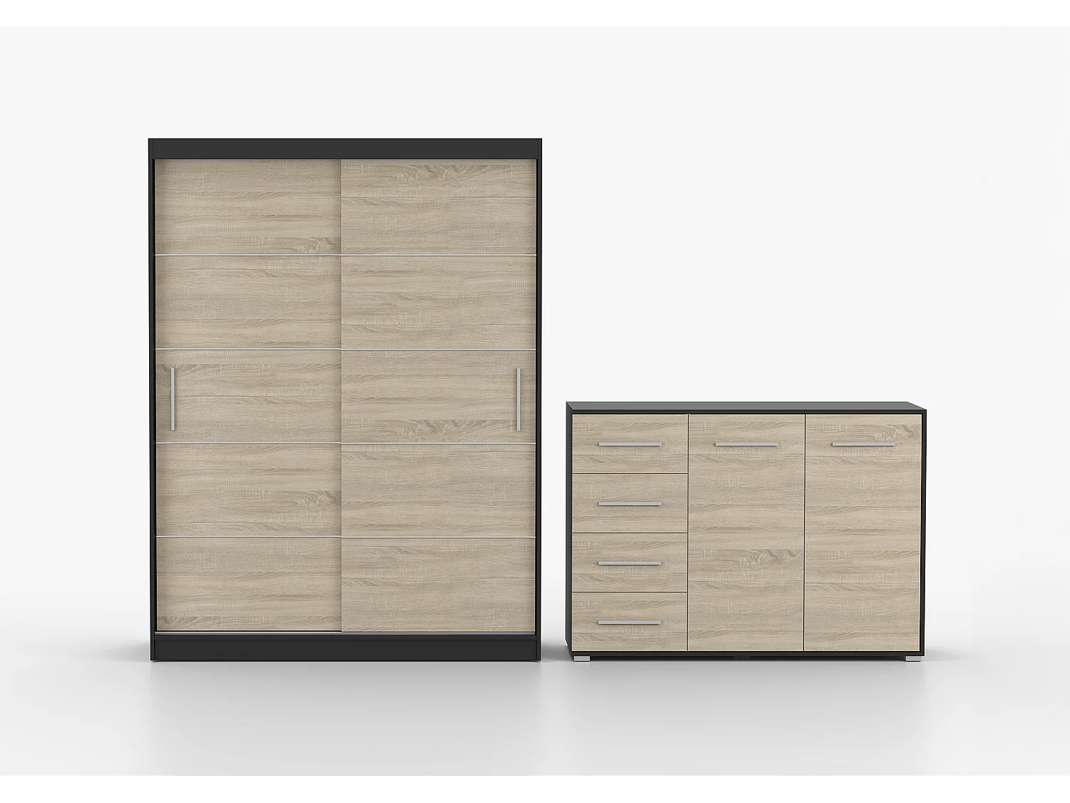 Ensemble armoire Lilwenn et commode Ilario - Noir - Chêne