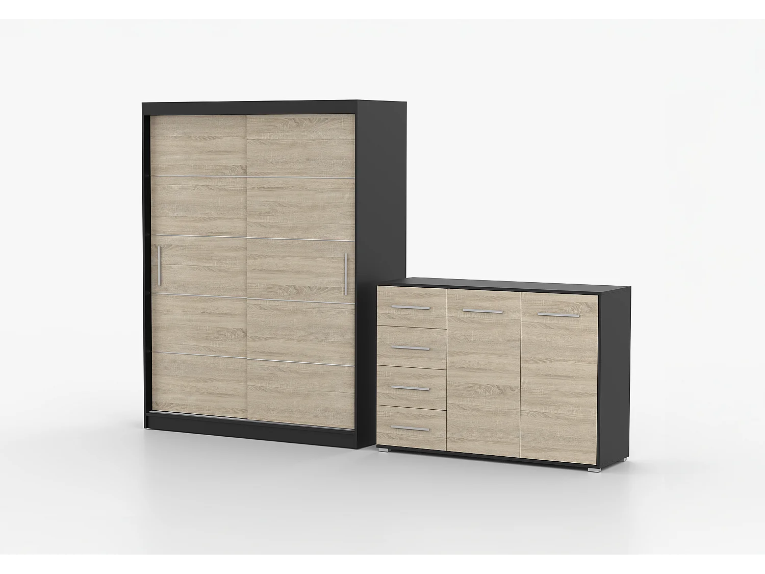 Ensemble armoire Lilwenn et commode Ilario - Noir - Chêne