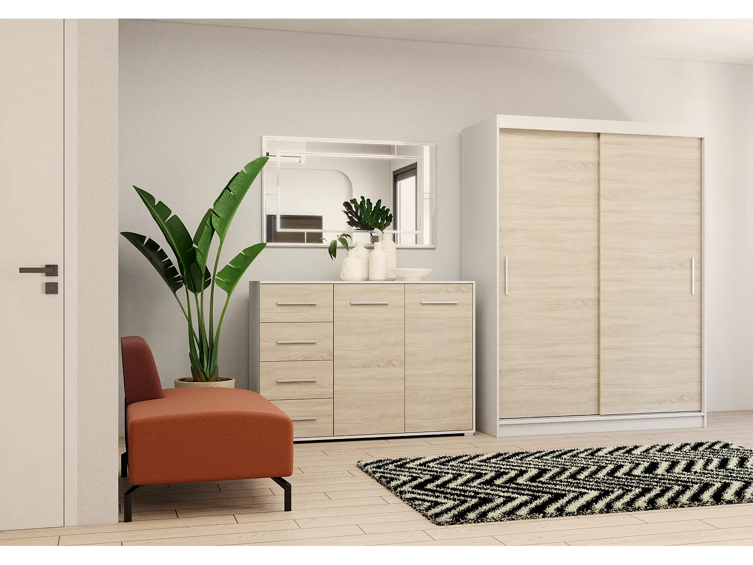 Ensemble armoire Elsinore et commode Ilario - Blanc - Chêne