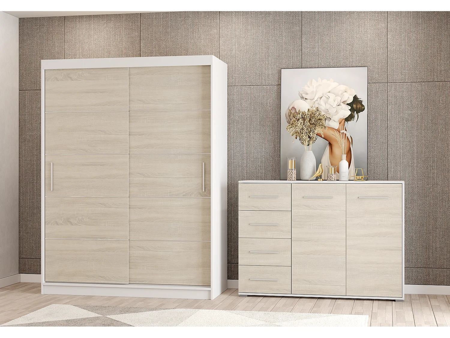 Ensemble armoire Aliona et commode Ilario - Blanc - Chêne