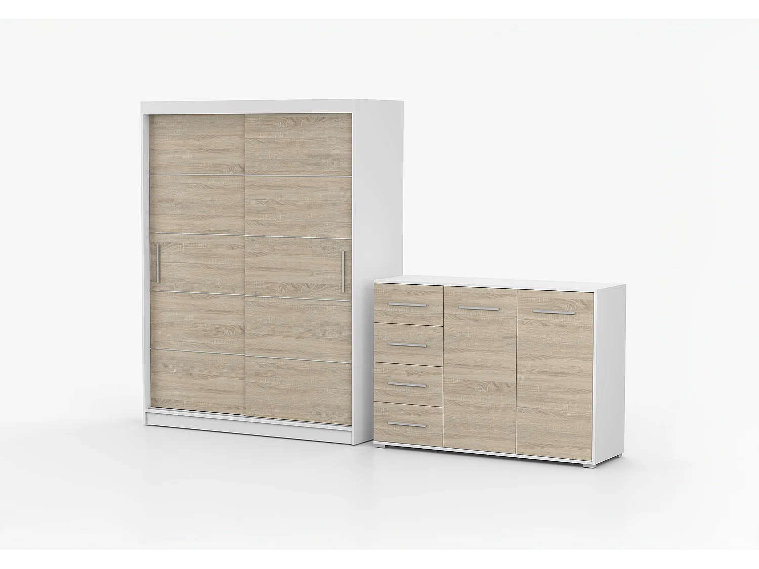 Ensemble armoire Aliona et commode Ilario - Blanc - Chêne