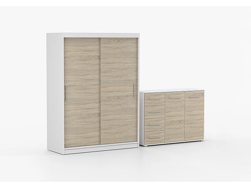 Ensemble armoire Aliona et commode Ilario - Blanc - Chêne