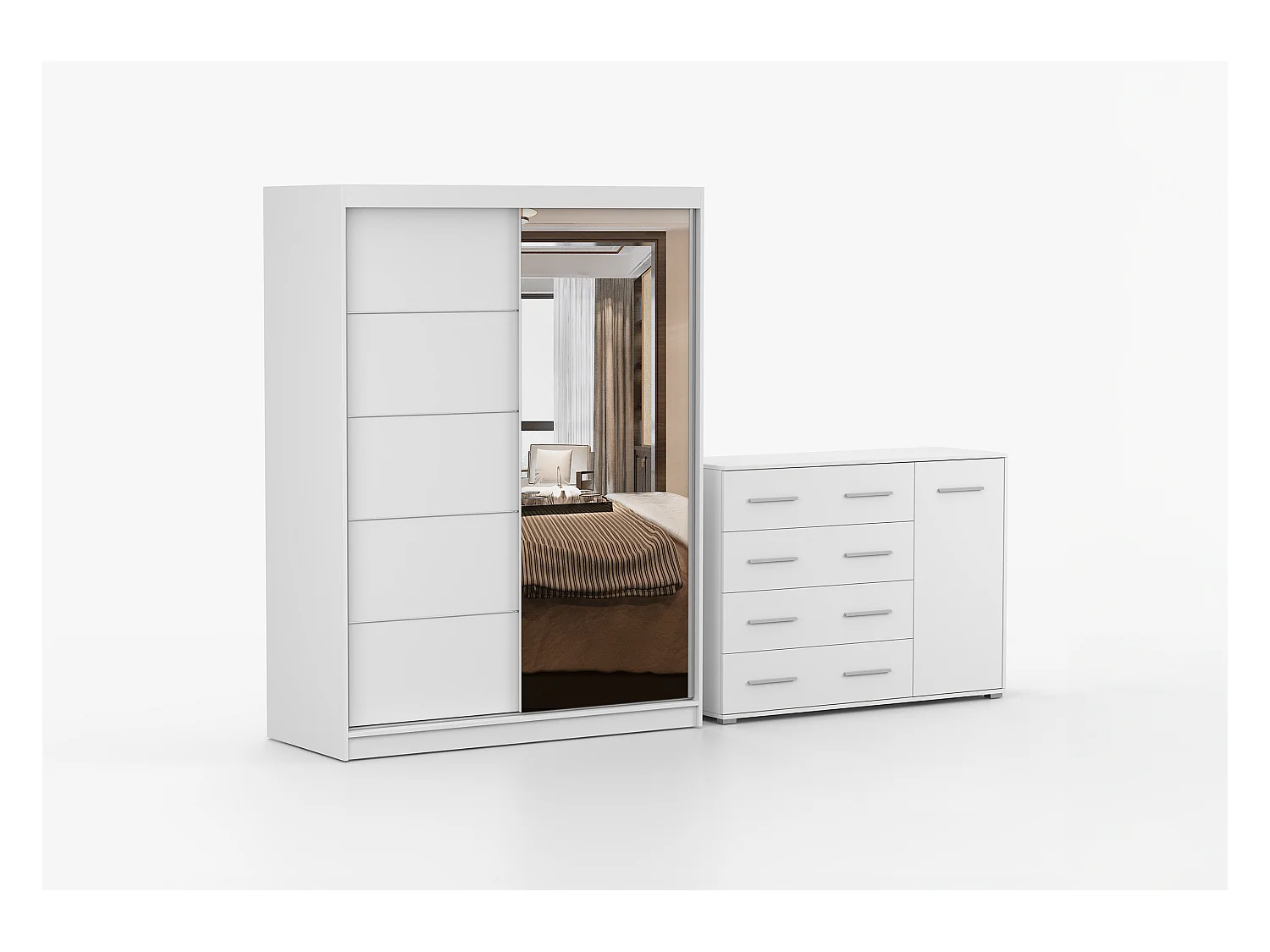 Ensemble armoire Vaiana et commode Ilario Chêne - Blanc avec miroir - Blanc