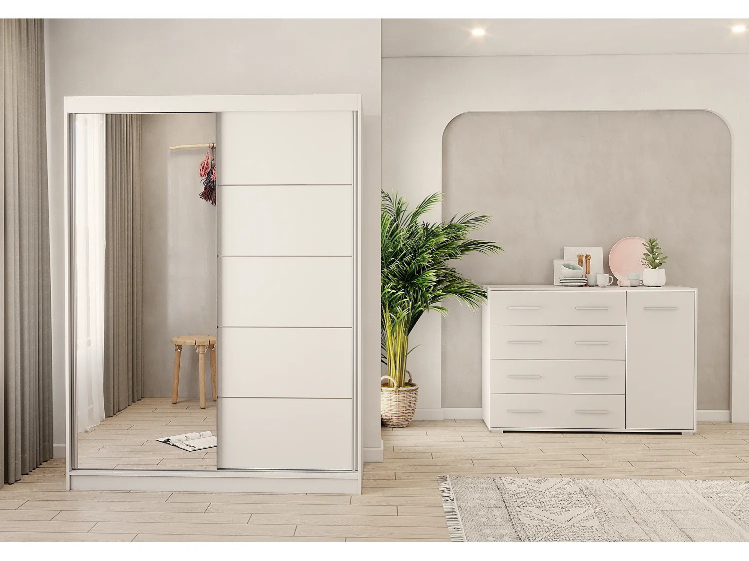 Ensemble armoire Vaiana et commode Ilario Chêne - Blanc avec miroir - Blanc