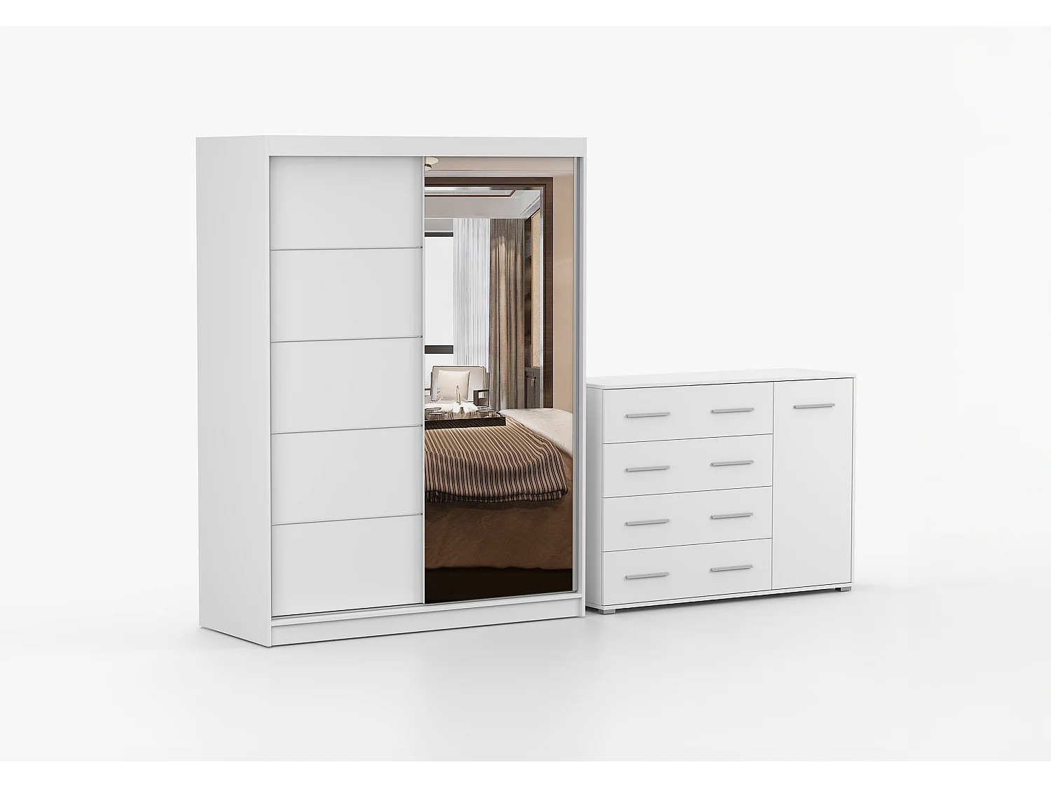 Ensemble armoire Vaiana et commode Ilario Chêne - Blanc avec miroir - Blanc