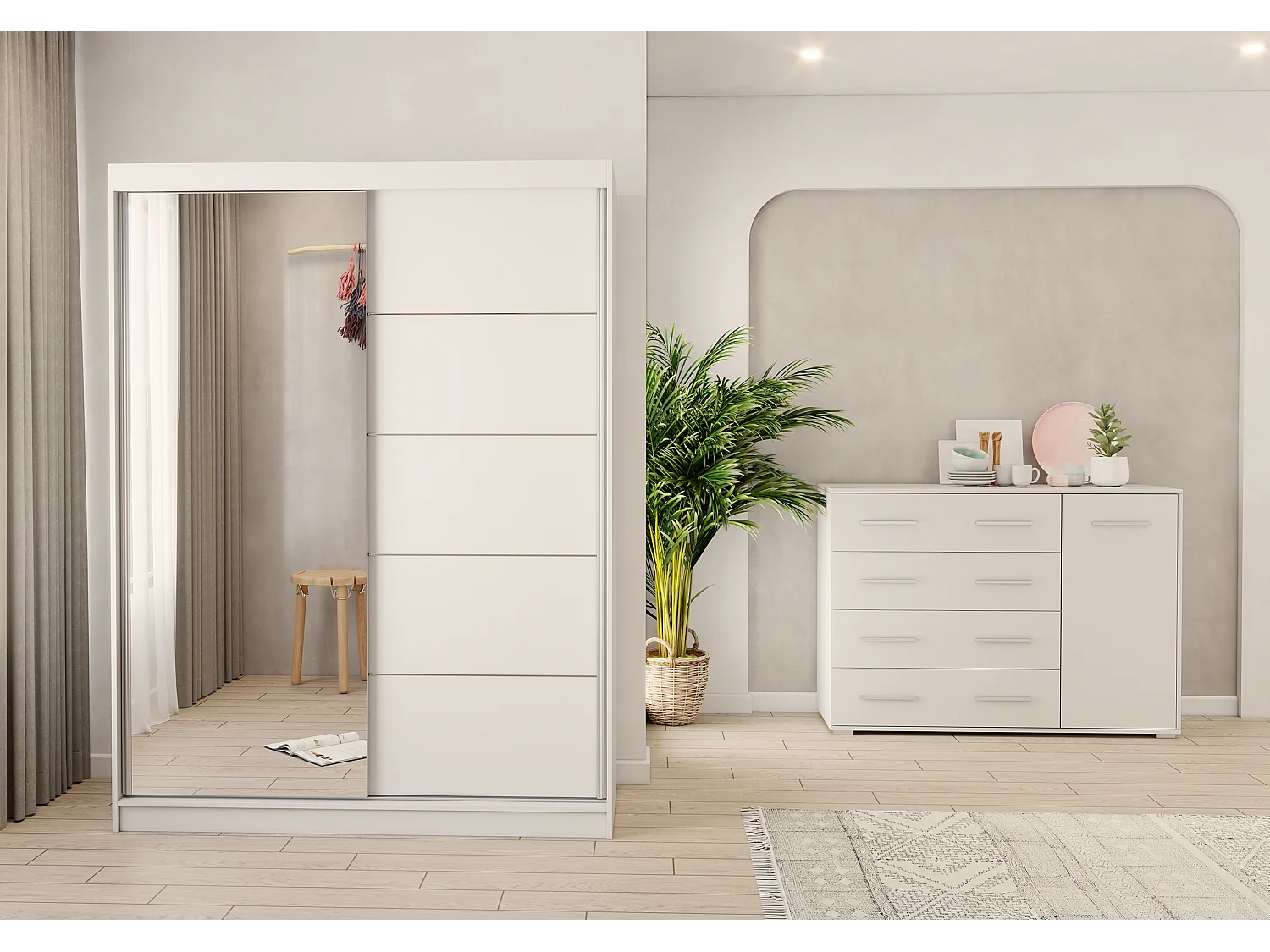 Ensemble armoire Vaiana et commode Ilario Chêne - Blanc avec miroir - Blanc