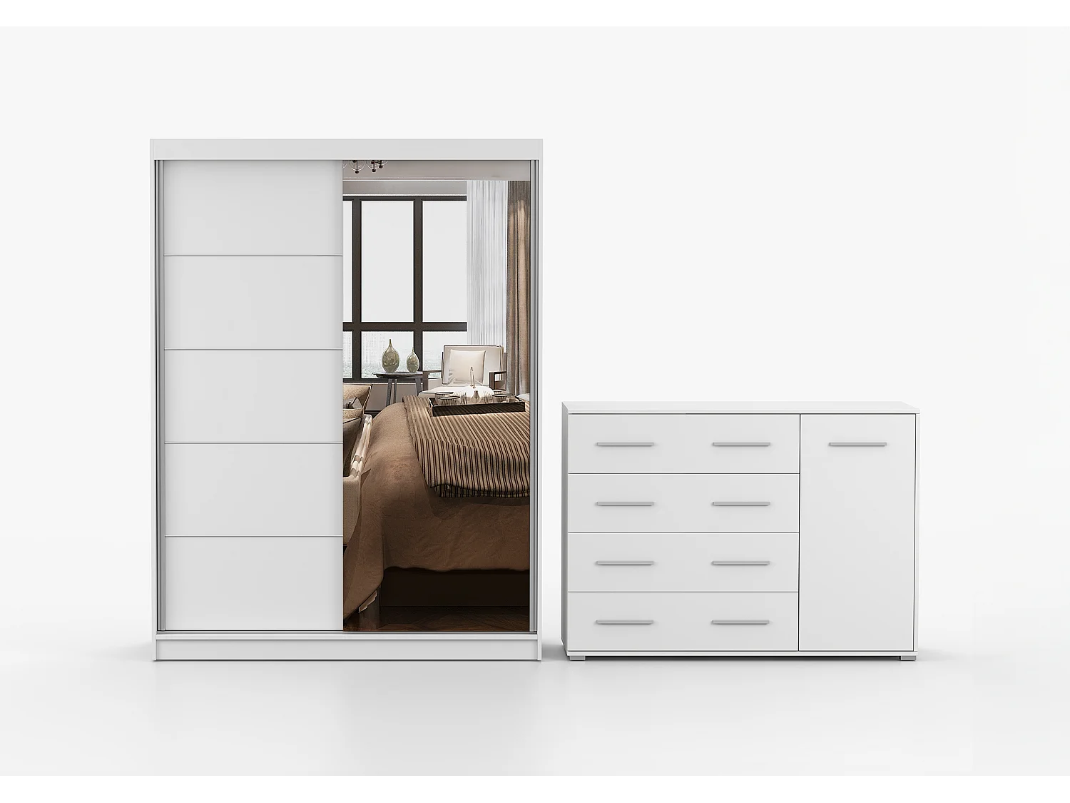 Ensemble armoire Vaiana et commode Ilario Chêne - Blanc avec miroir - Blanc