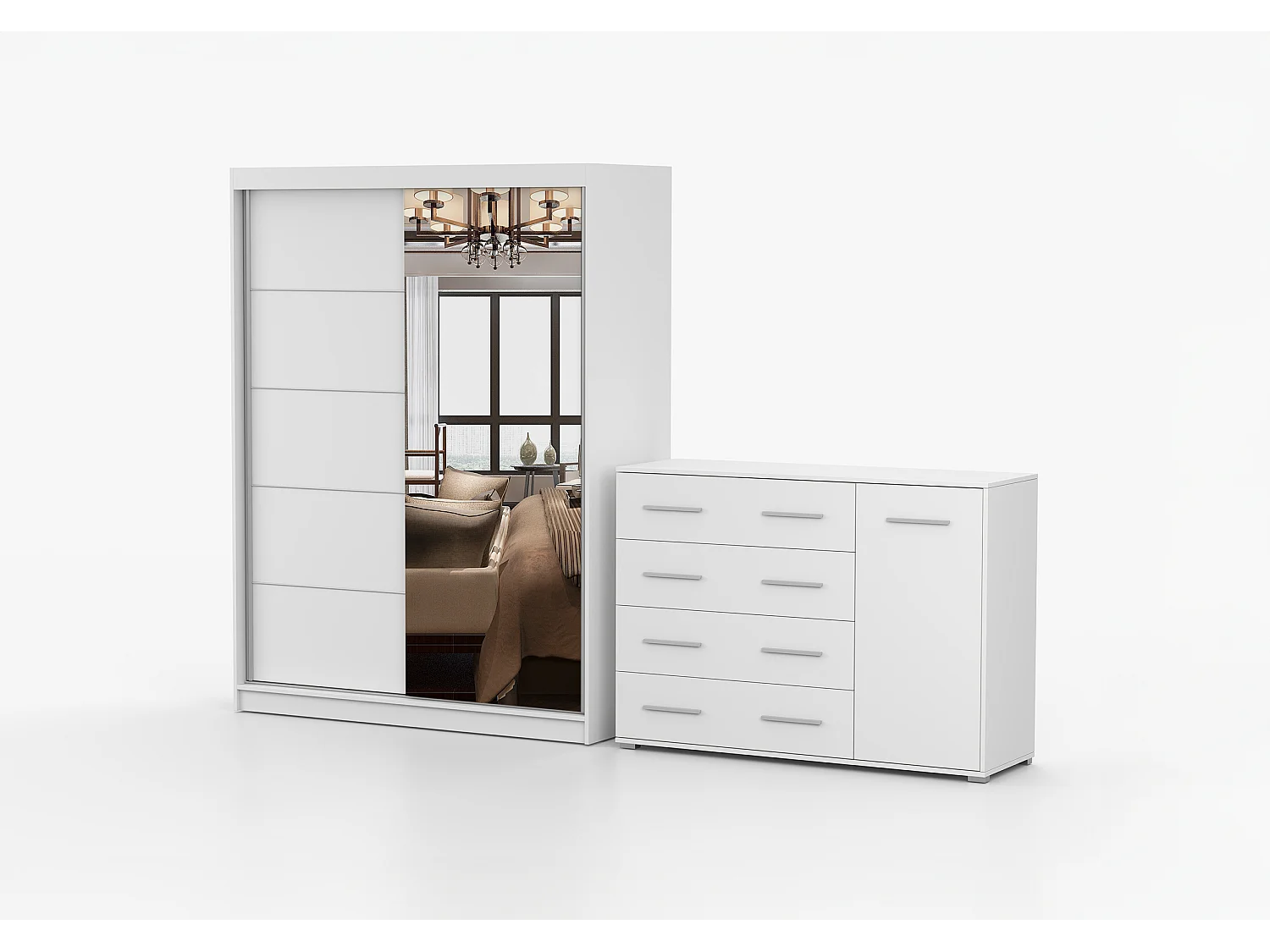 Ensemble armoire Vaiana et commode Ilario Chêne - Blanc avec miroir - Blanc