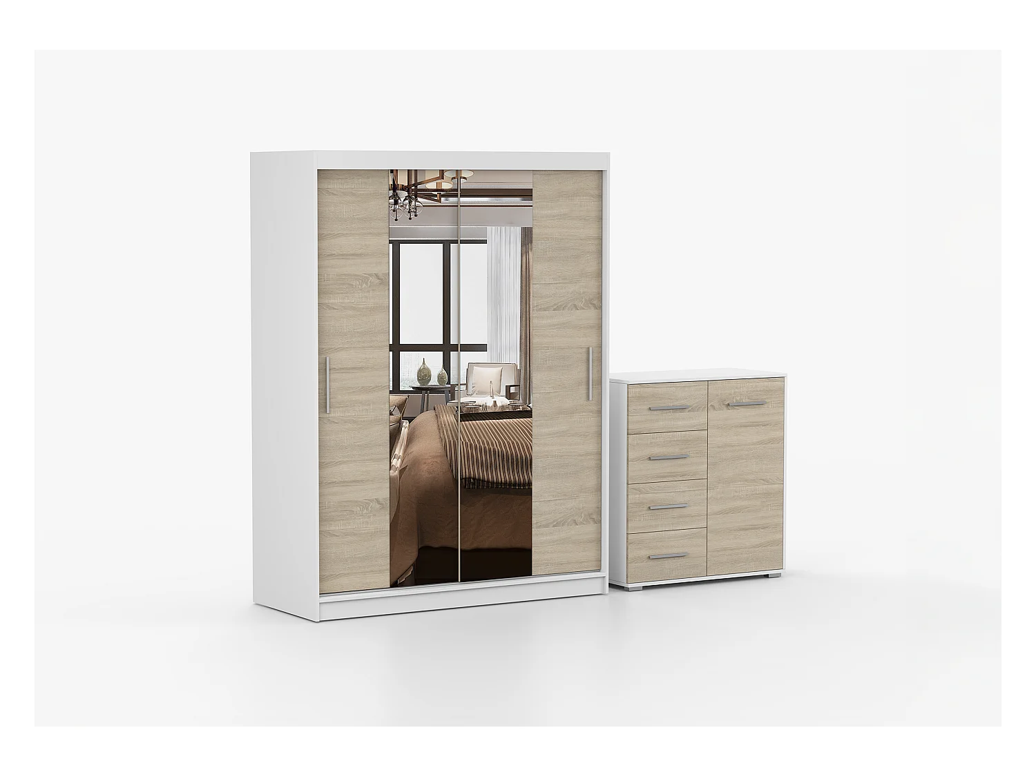 Ensemble armoire et commode Aenora Ilario avec miroir - Blanc - Chêne