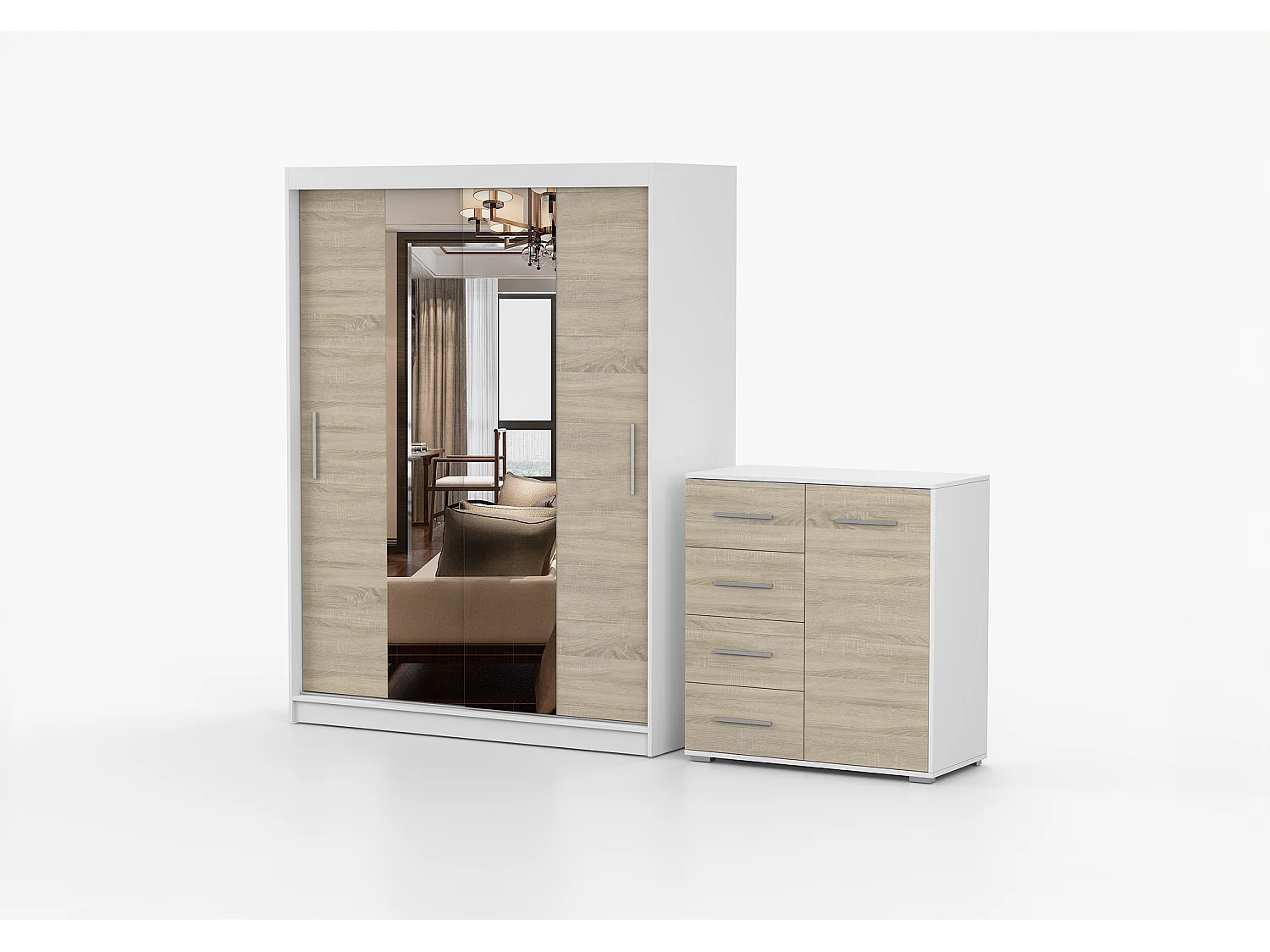 Ensemble armoire et commode Aenora Ilario avec miroir - Blanc - Chêne