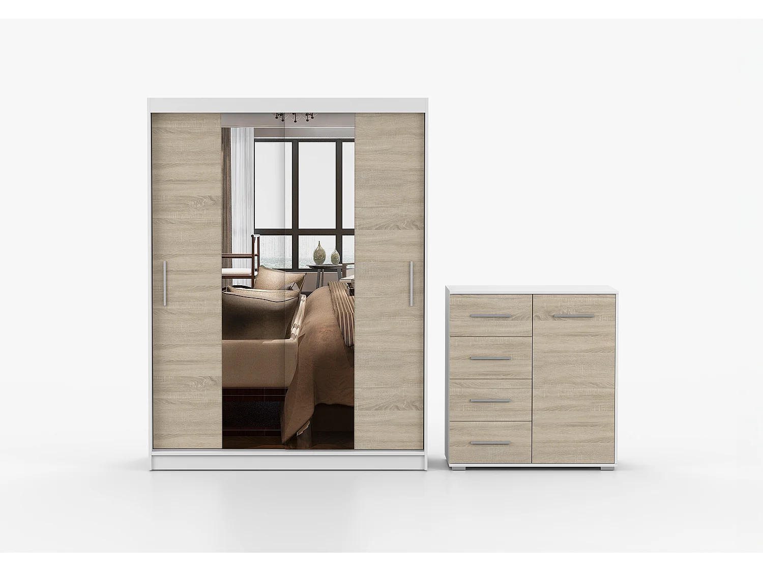 Ensemble armoire et commode Aenora Ilario avec miroir - Blanc - Chêne