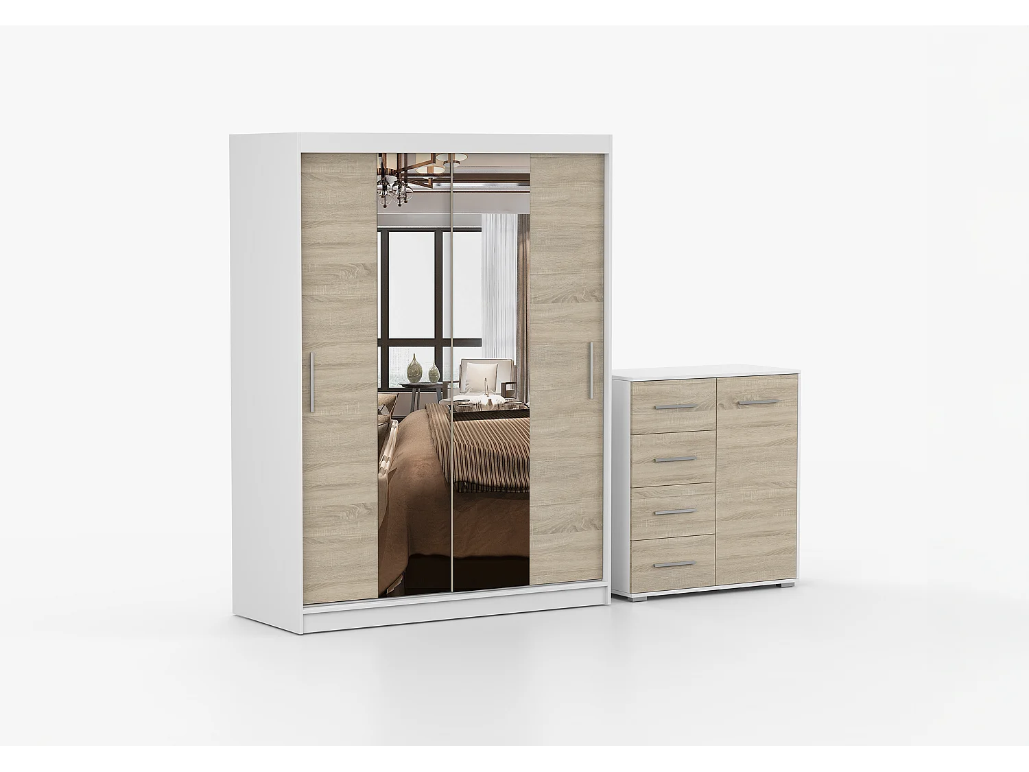 Ensemble armoire et commode Aenora Ilario avec miroir - Blanc - Chêne