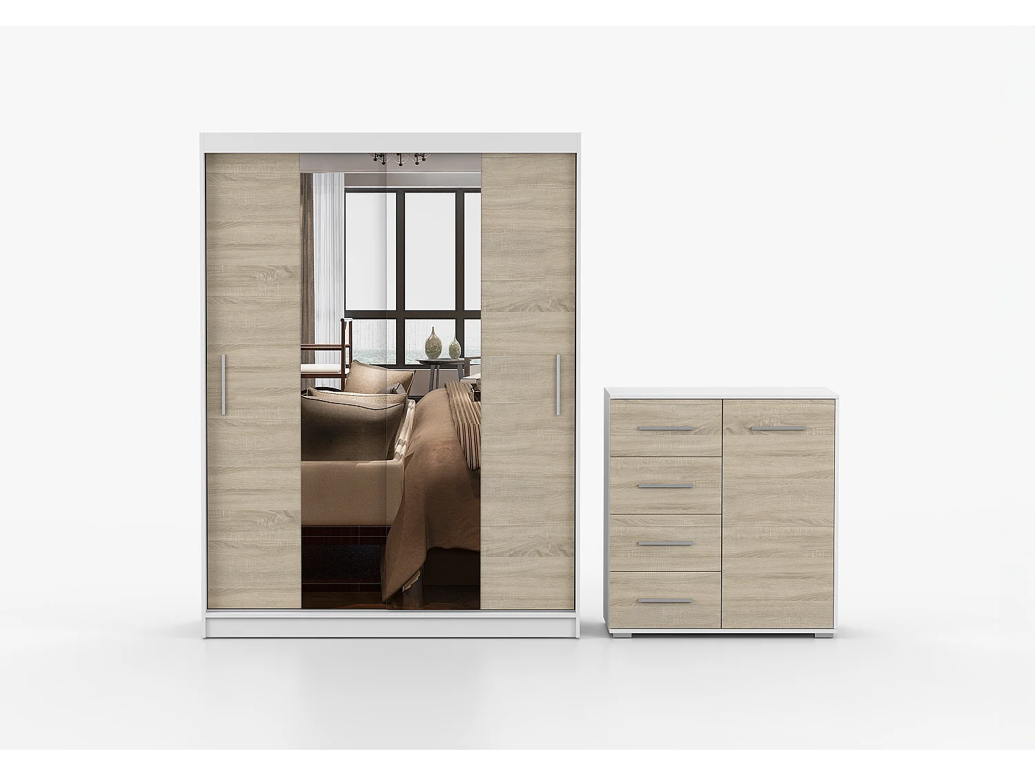 Ensemble armoire et commode Aenora Ilario avec miroir - Blanc - Chêne