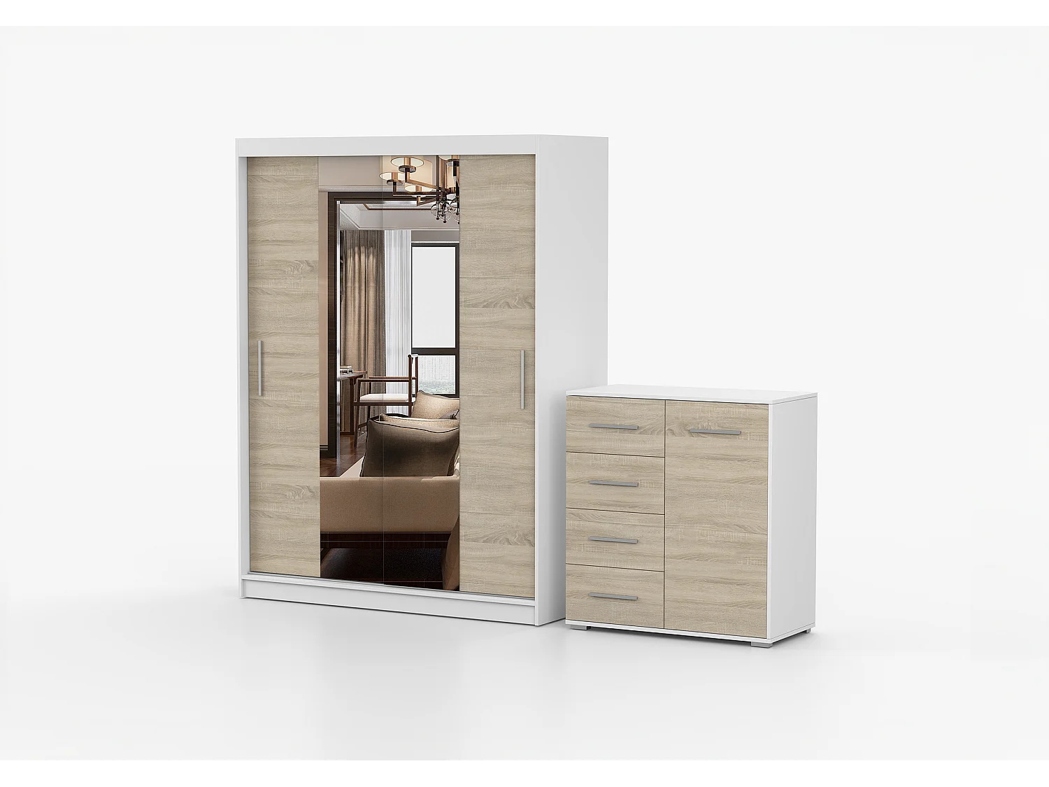 Ensemble armoire et commode Aenora Ilario avec miroir - Blanc - Chêne