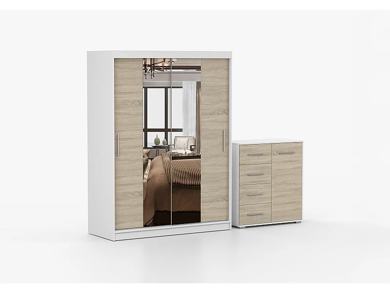Ensemble armoire et commode Aenora Ilario avec miroir - Blanc - Chêne