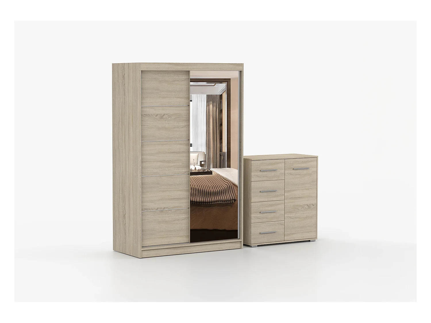 Ensemble armoire Syra et commode Ilario avec miroir - Chêne