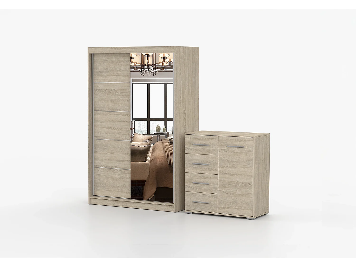 Ensemble armoire Syra et commode Ilario avec miroir - Chêne