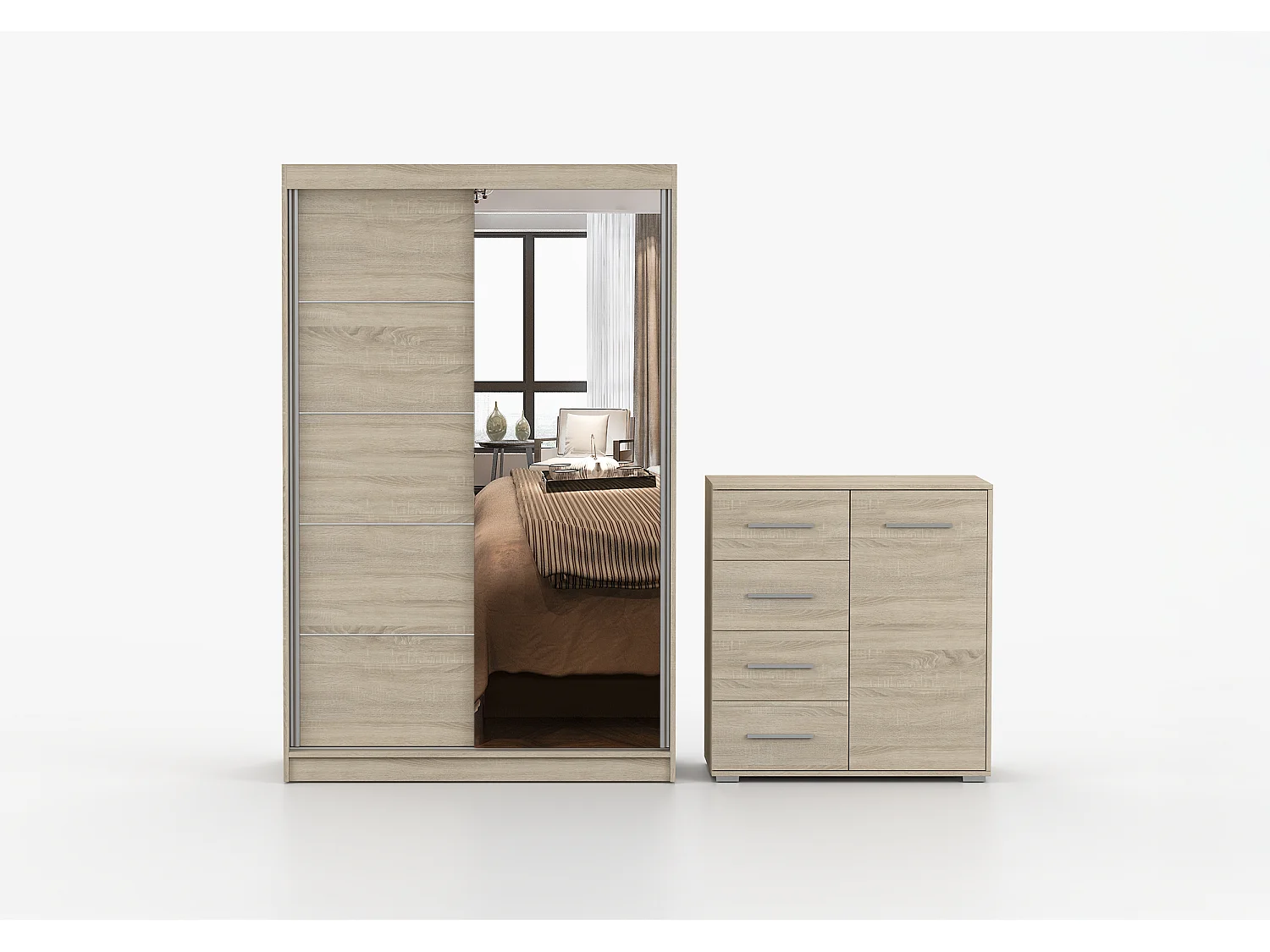 Ensemble armoire Syra et commode Ilario avec miroir - Chêne