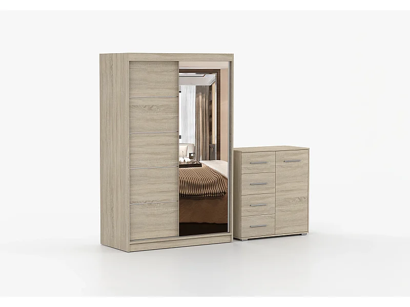 Ensemble armoire Syra et commode Ilario avec miroir - Chêne