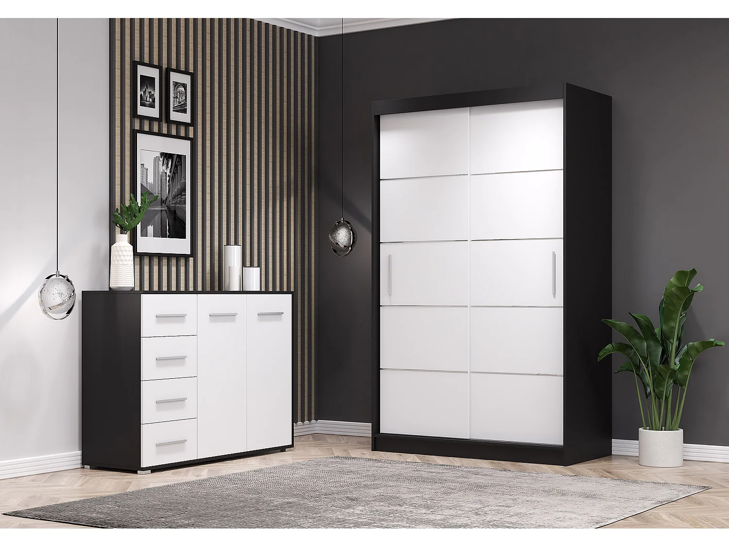 Ensemble armoire Lilwenn et commode Ilario - Noir - Blanc