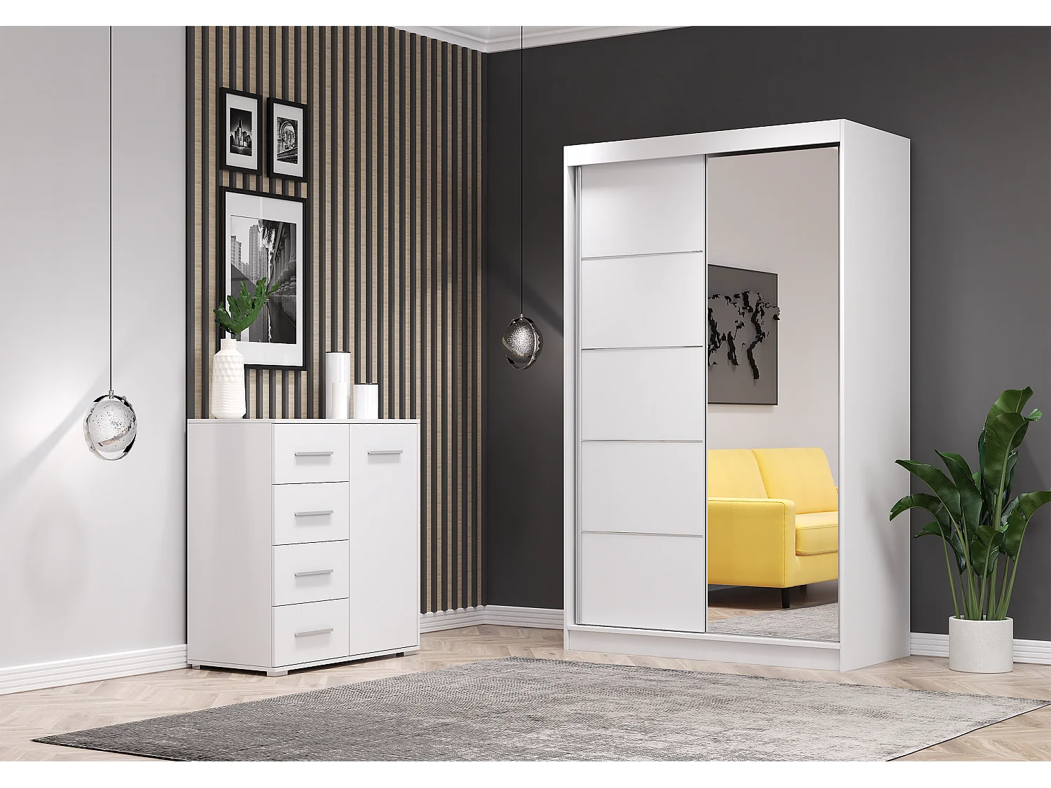 Ensemble armoire Syra et commode Ilario avec miroir - Blanc