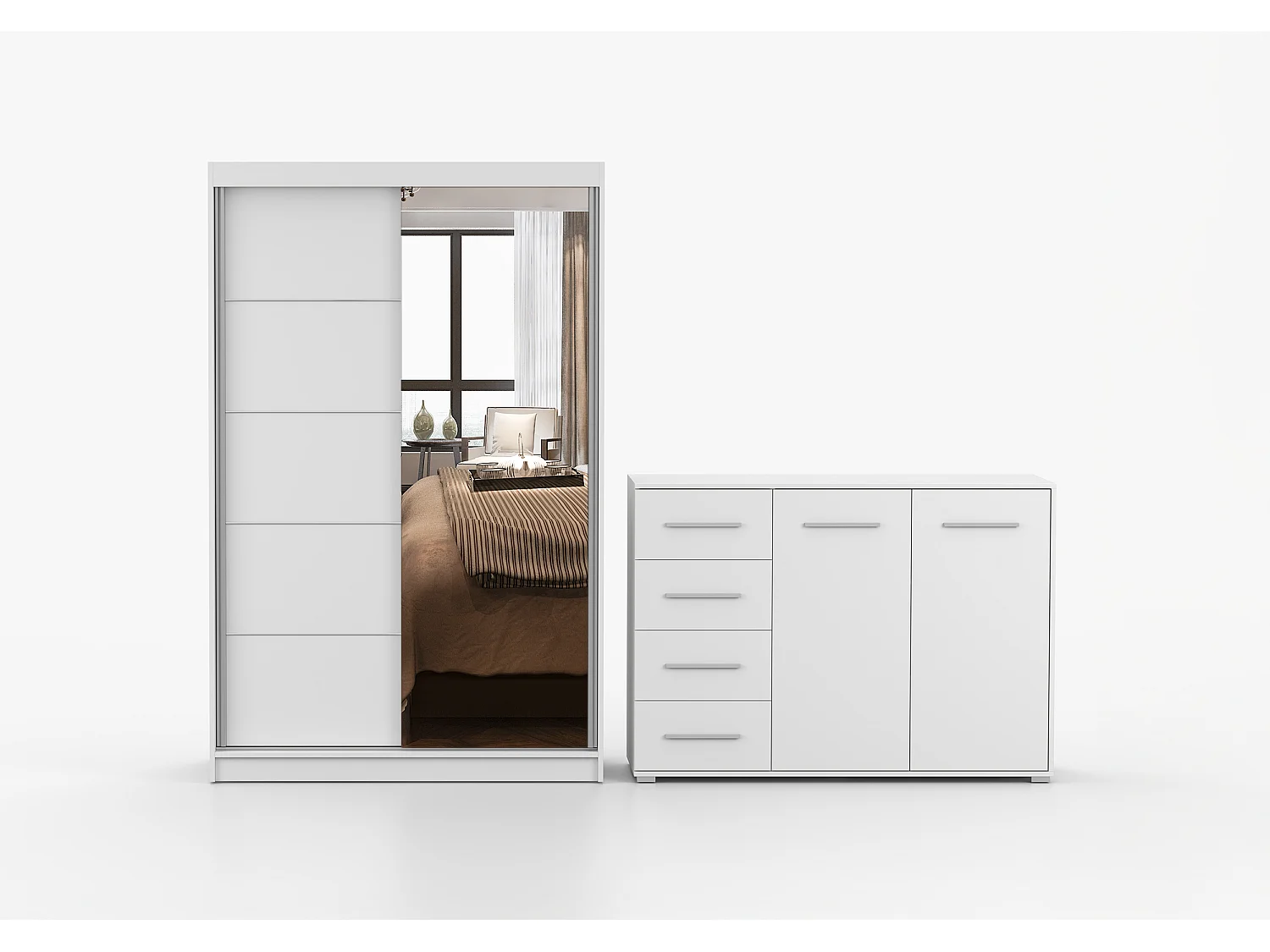 Ensemble armoire Syra et commode Ilario avec miroir - Blanc