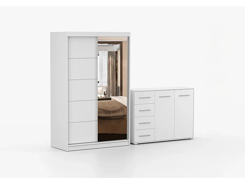Ensemble armoire Syra et commode Ilario avec miroir - Blanc