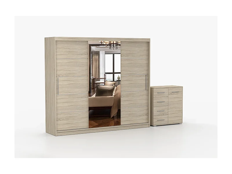 Ensemble armoire Theana et commode Ilario avec miroir - Chêne