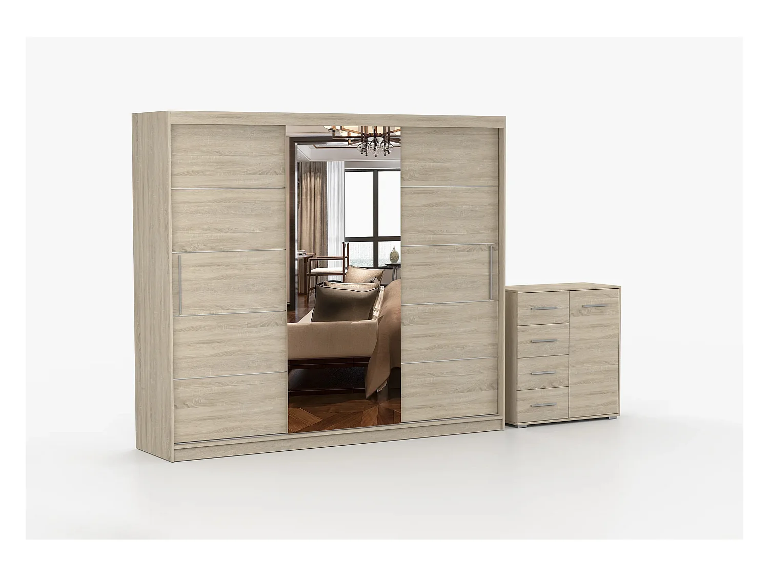 Ensemble armoire Theana et commode Ilario avec miroir - Chêne