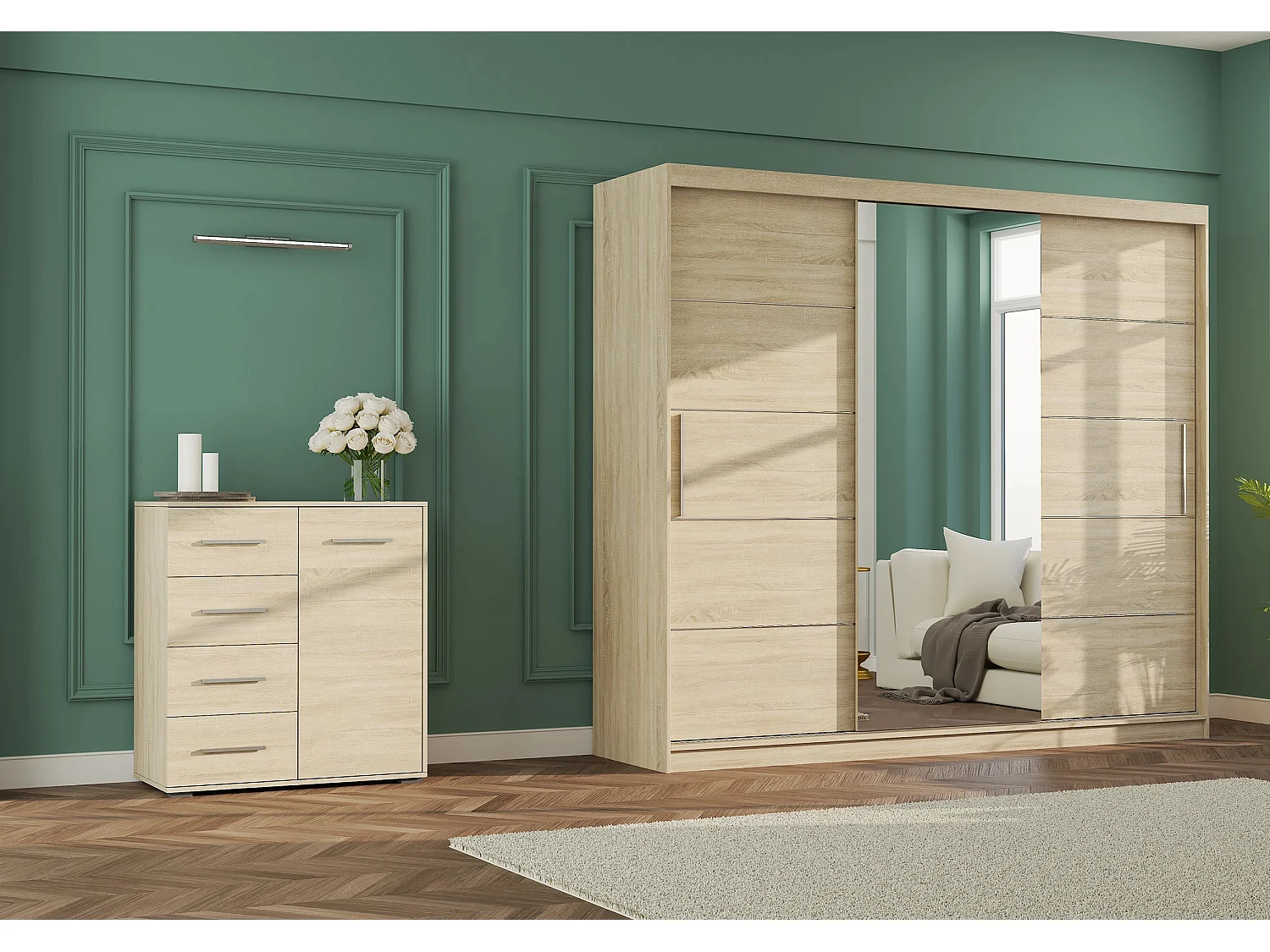 Ensemble armoire Theana et commode Ilario avec miroir - Chêne