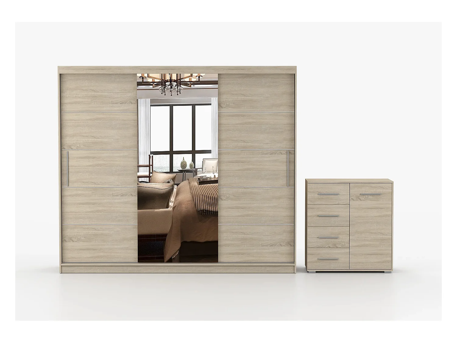 Ensemble armoire Theana et commode Ilario avec miroir - Chêne