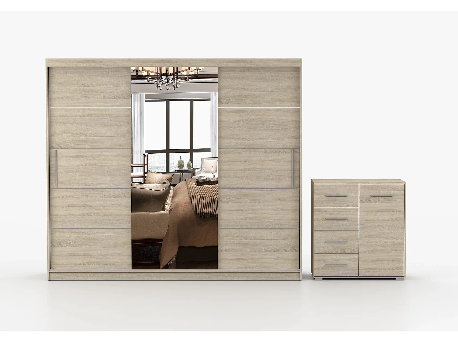 Ensemble armoire Theana et commode Ilario avec miroir - Chêne