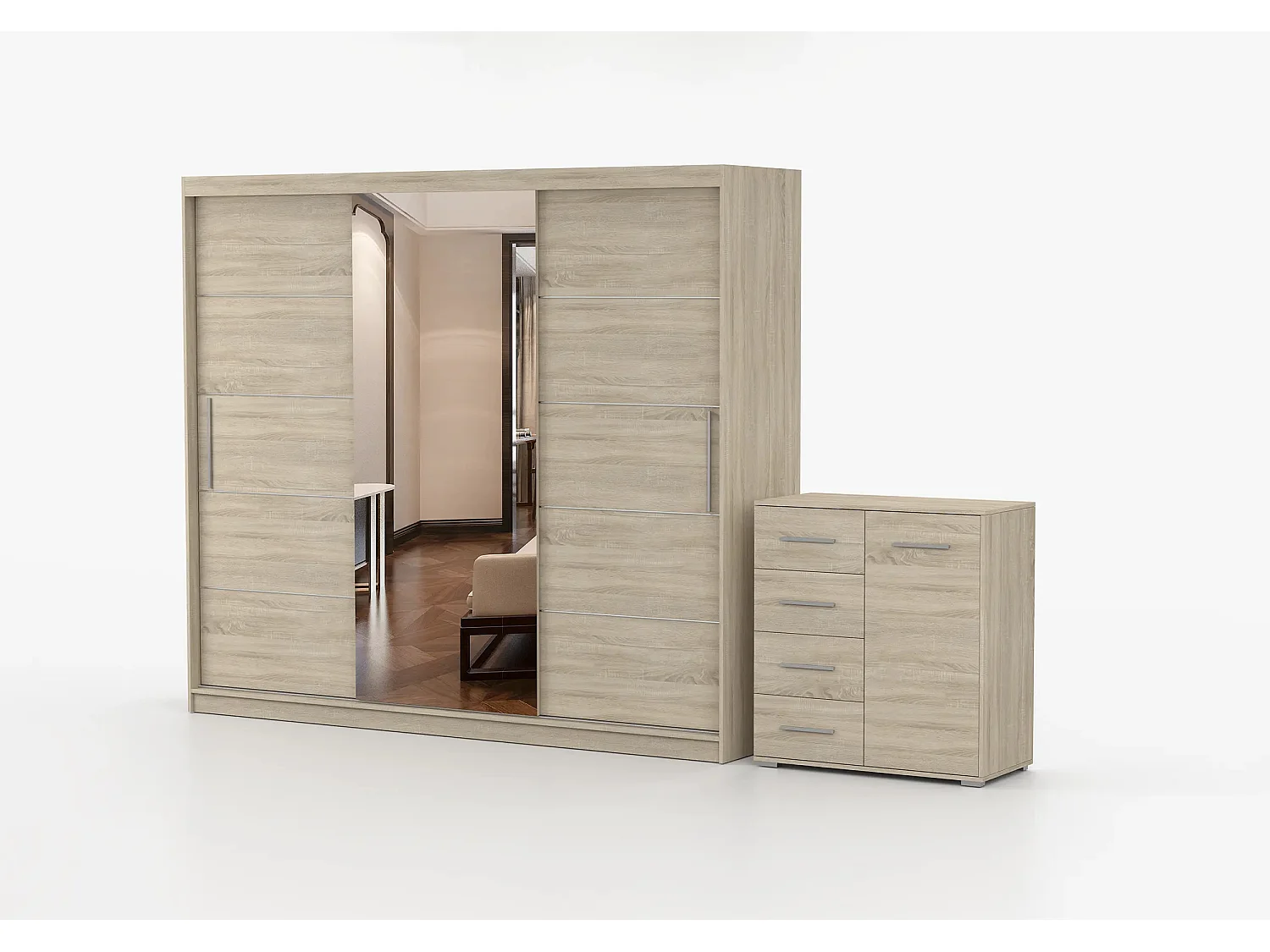 Ensemble armoire Theana et commode Ilario avec miroir - Chêne