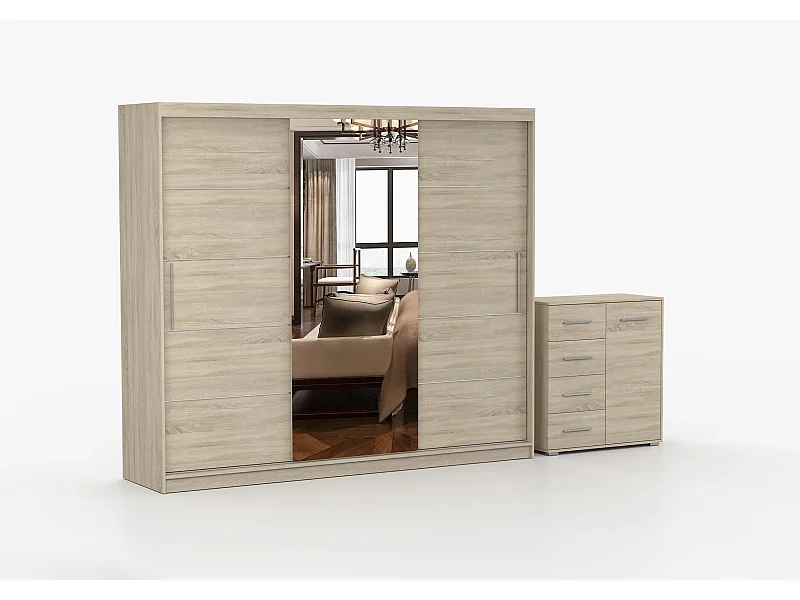 Ensemble armoire Theana et commode Ilario avec miroir - Chêne