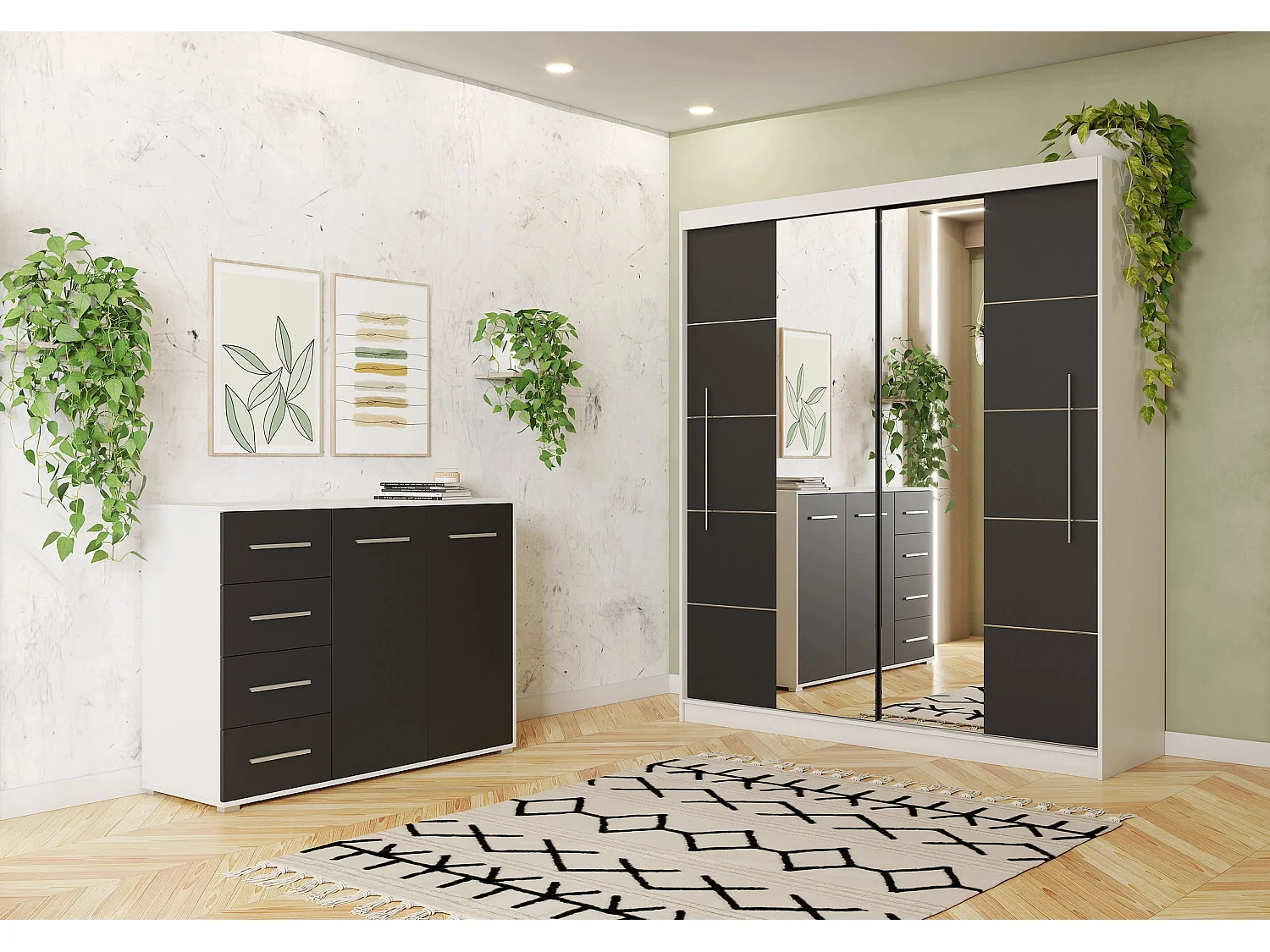 Ensemble armoire Orelia et commode Ilario avec miroir - Blanc - Noir