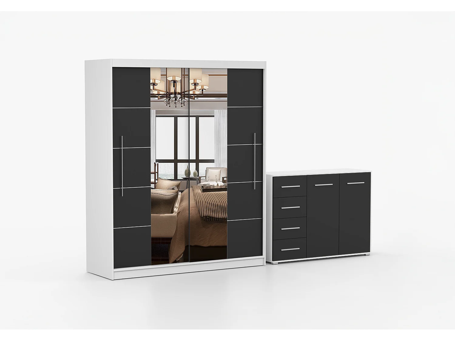 Ensemble armoire Orelia et commode Ilario avec miroir - Blanc - Noir