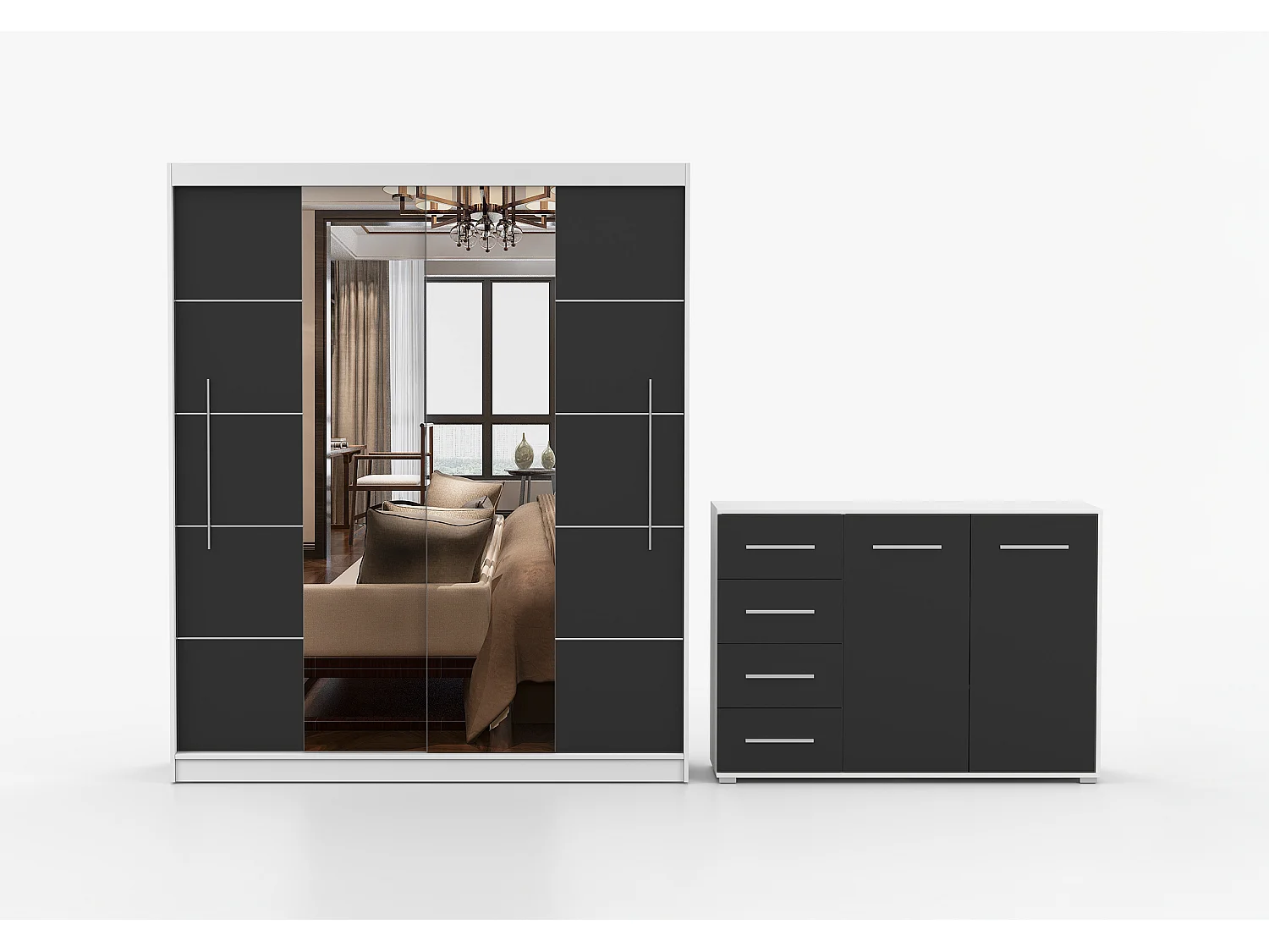 Ensemble armoire Orelia et commode Ilario avec miroir - Blanc - Noir