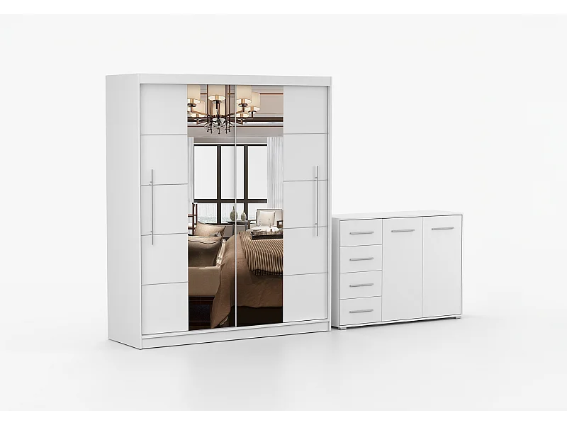 Ensemble armoire Orelia et commode Ilario avec miroir - Blanc