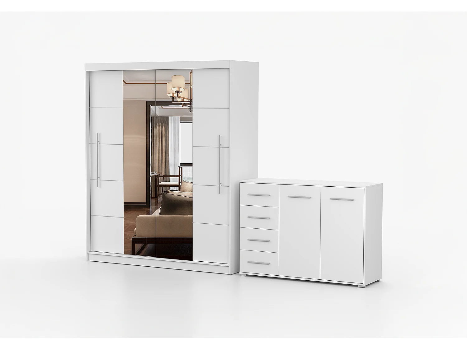 Ensemble armoire Orelia et commode Ilario avec miroir - Blanc