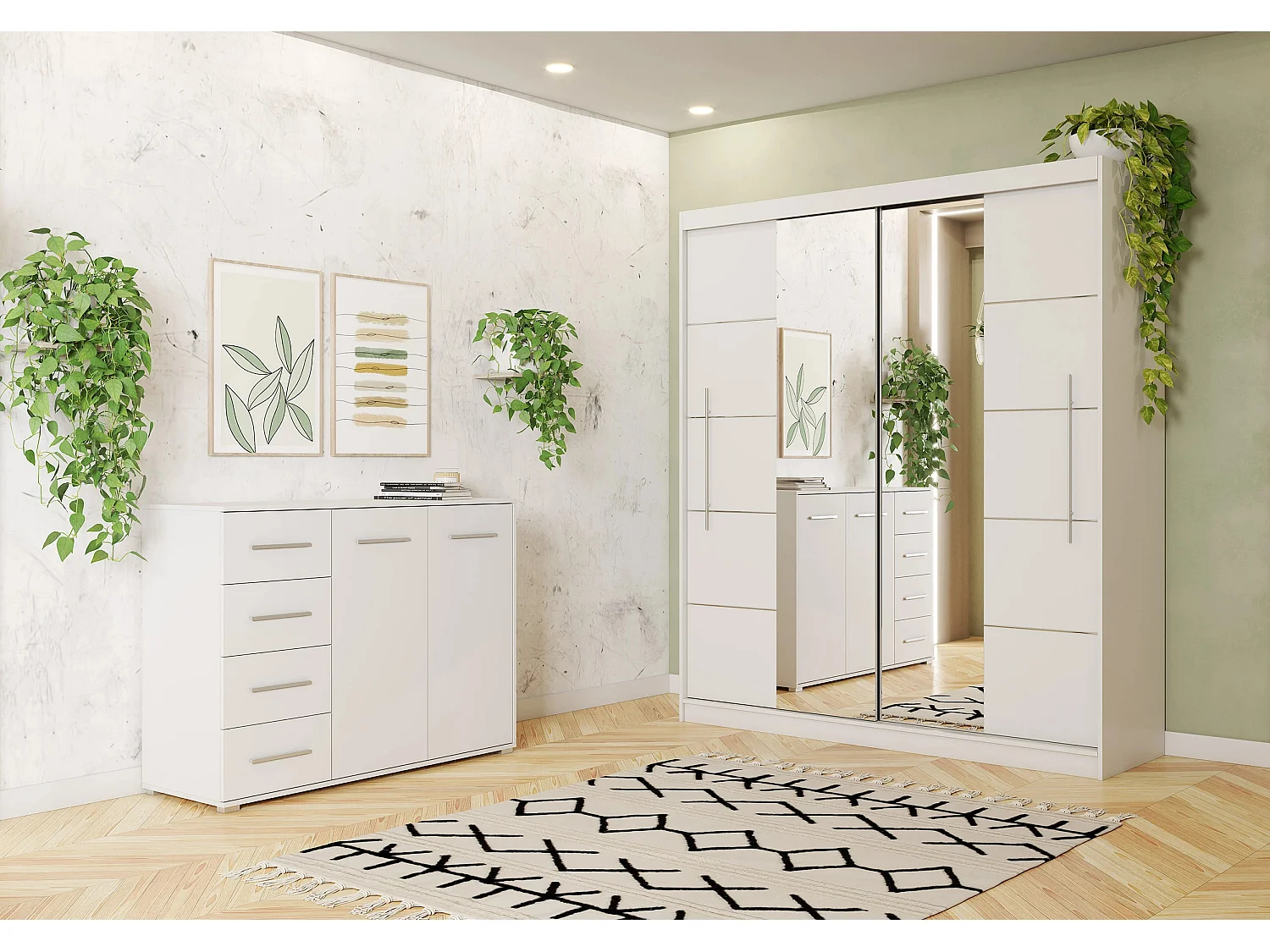 Ensemble armoire Orelia et commode Ilario avec miroir - Blanc