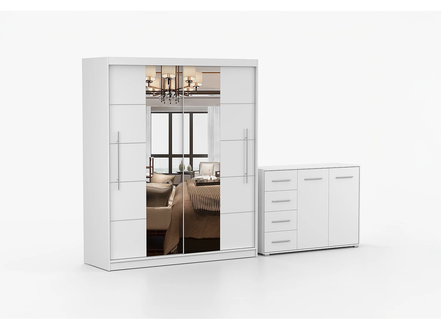 Ensemble armoire Orelia et commode Ilario avec miroir - Blanc